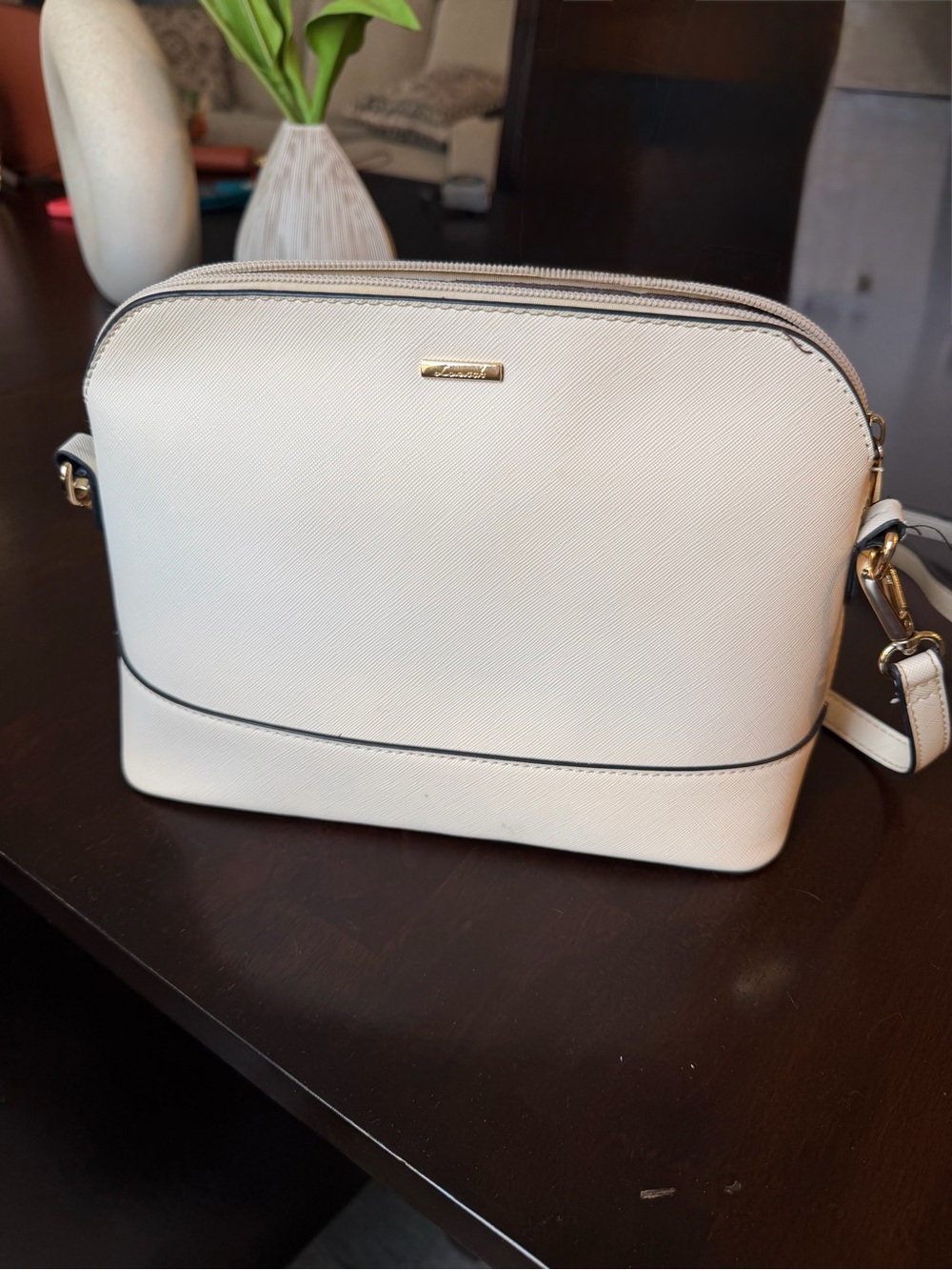 Ivory Textured Crossbody Bag with Gold Accents